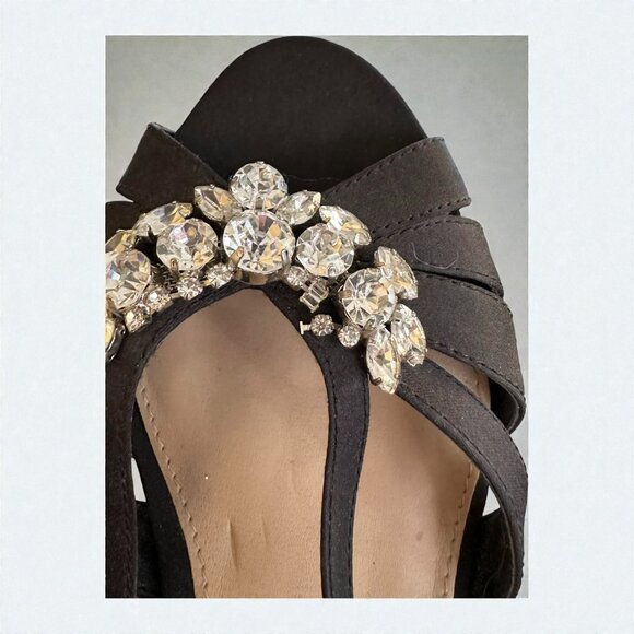 Black Satin Wedge Sandals with Rhinestones - Picture 2 of 7